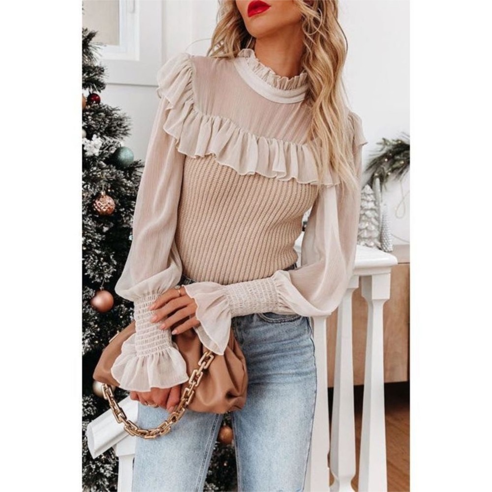 CHIC RUFFLE TRIM KNIT CREAM TOP Long Sleeve sz M Neutral Blouse SWEATER
